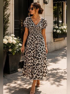 On 34th Leopard Print Puff Sleeve Midi Dress - Neutral Black & Cream